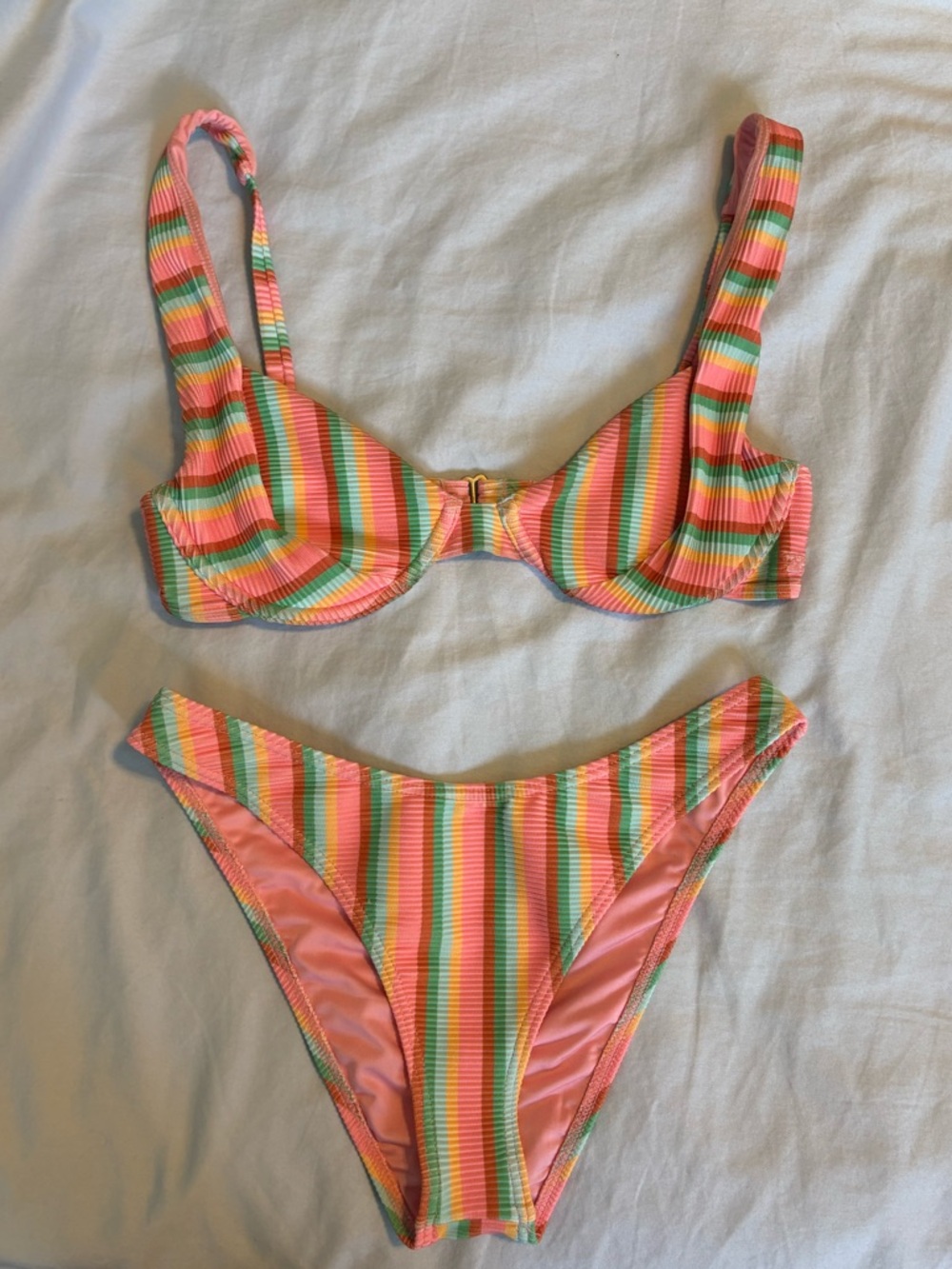 Billabong Coral Pink Multi‑Stripe Ribbed Bikini